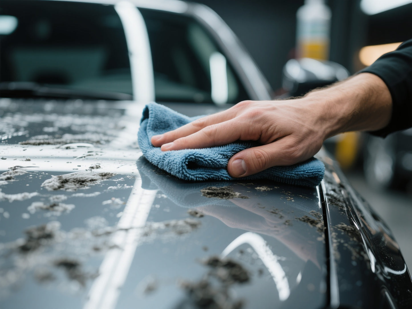 Aplicación del lavado sin agua EcoRTCcar en carrocería de coche con microfibra