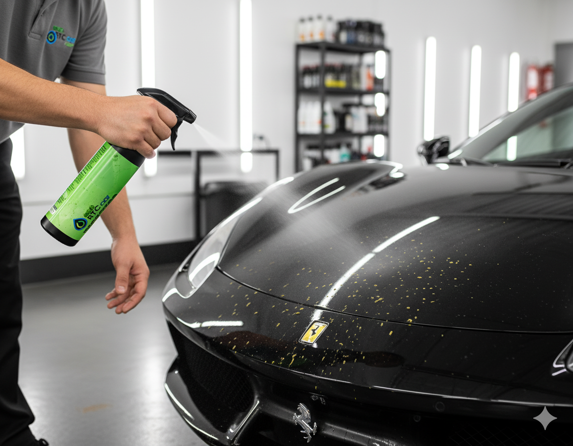 Aplicación del limpiador de insectos EcoRTCcar en parabrisas de coche