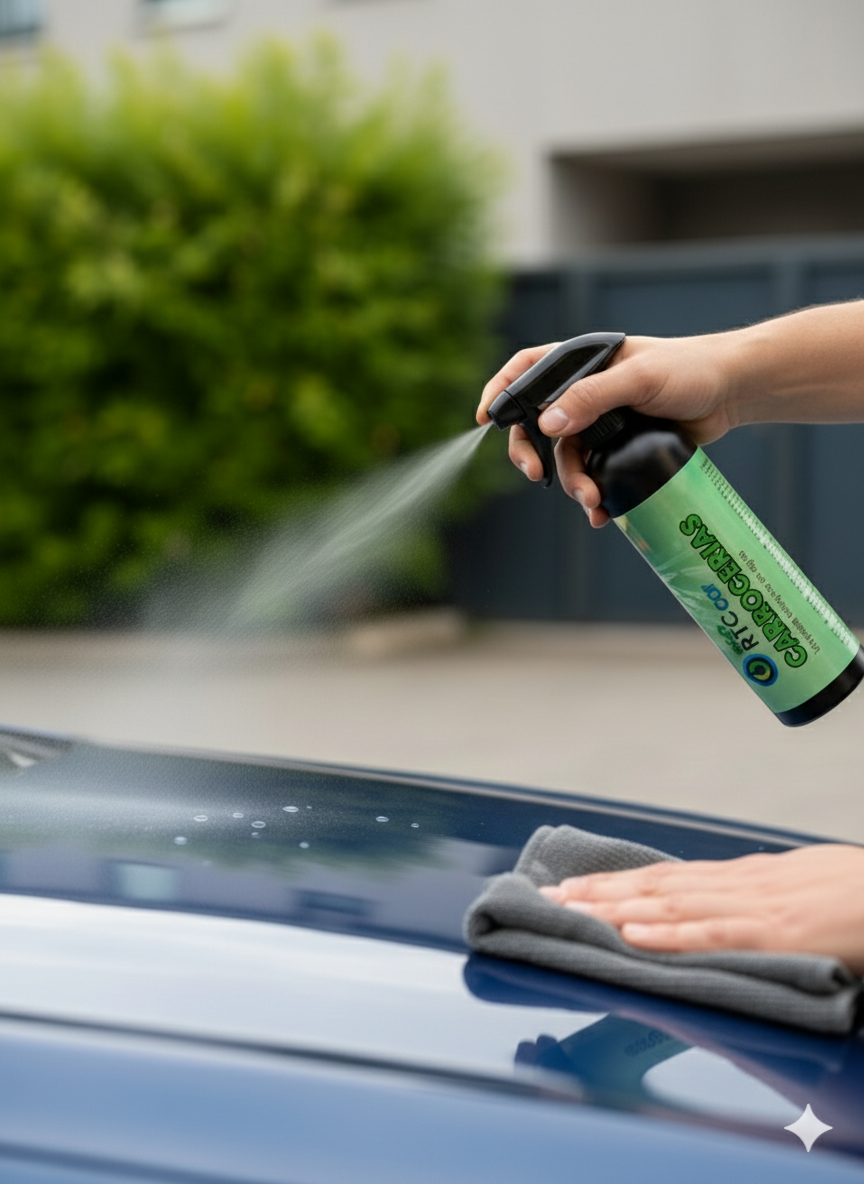 Aplicación del lavado sin agua EcoRTCcar en carrocería de coche con microfibra
