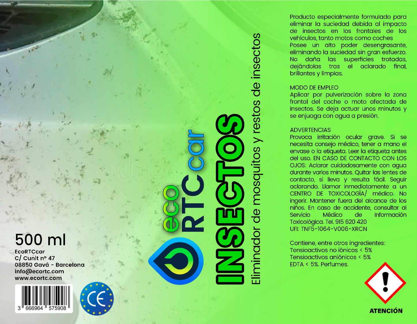 Botella de eliminador de insectos EcoRTCcar 500ml con pulverizador